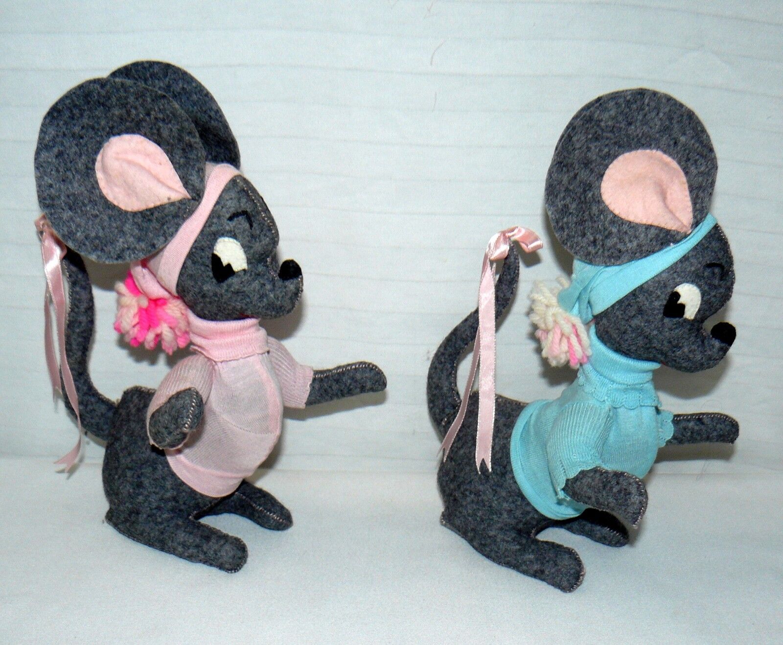 2 Felt Mice Hand Crafted Girl & Boy 10" Pair Mice No Brand