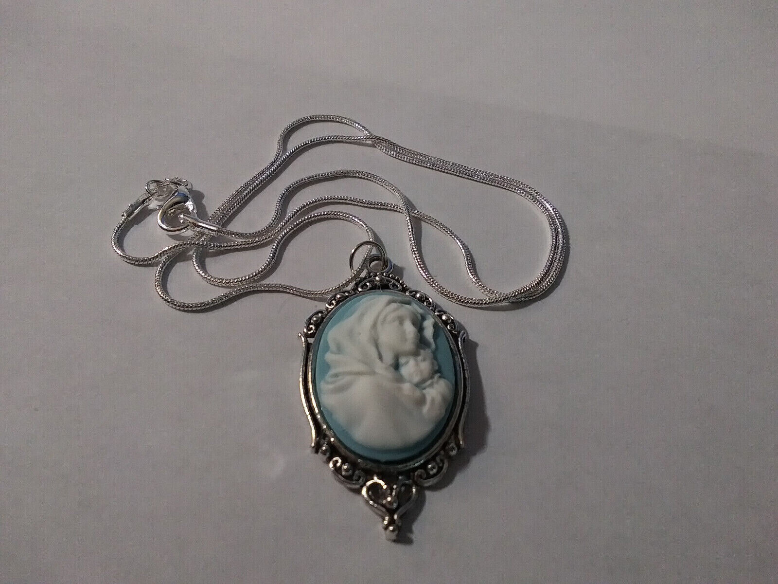 Mary Madonna & Child Pendant Wedgewood Blue Cameo necklace 925 sterling silver Handmade - фотография #4