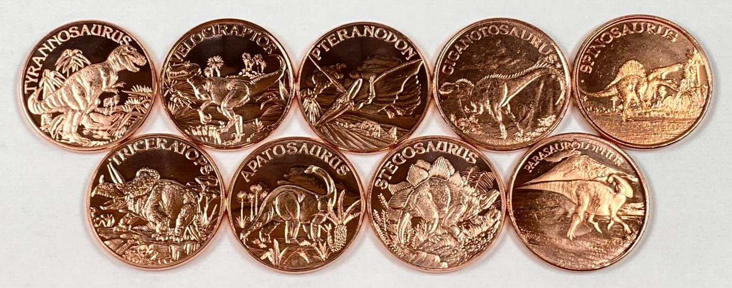 Copper Coins * Nine Piece Dinosaur Collector Set * Fine .999 Bullion Rounds Без бренда