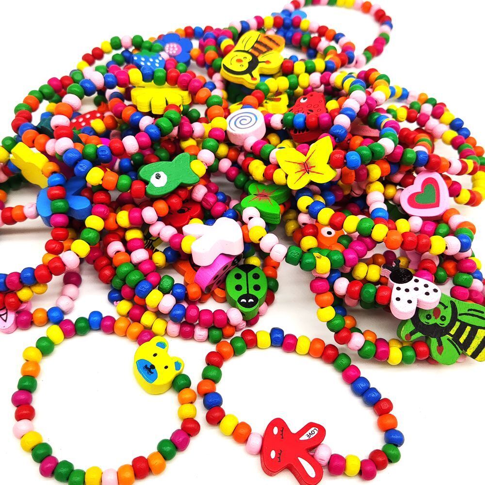 30pcs Children Wood Beads Cute Animal Heart Flower Elastic Bracelets Party Gifts Unbranded - фотография #8