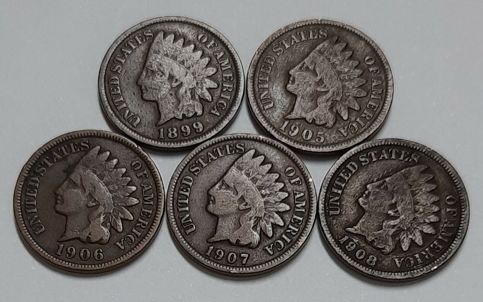 Five Indian Pennies with Five Different Dates--ALL in Good Condition! Без бренда