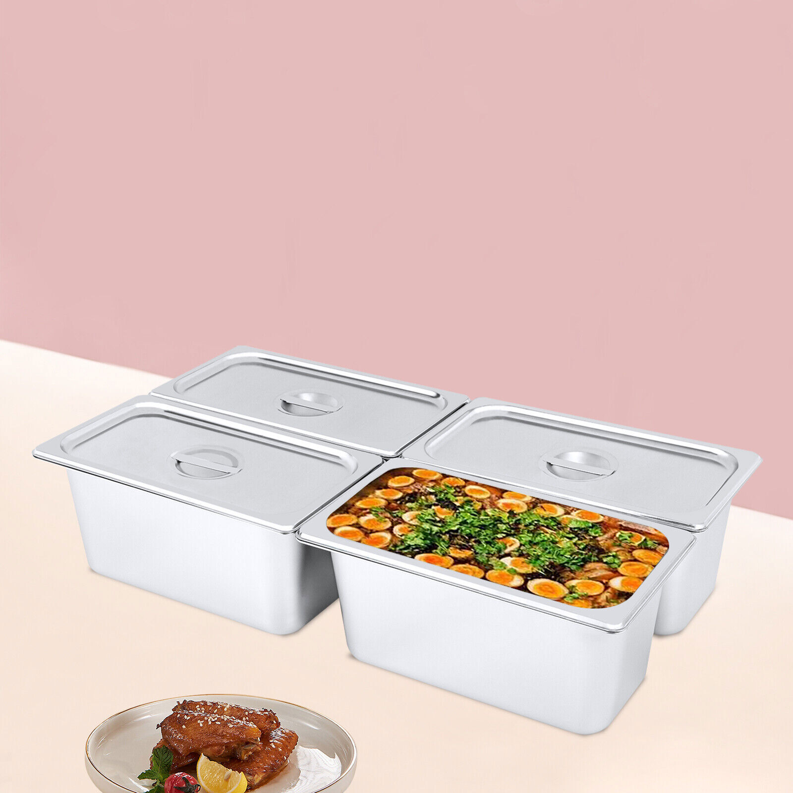 4PCS 6" Deep Stainless Steel Steam Table Pans W/ Lids 1/3 Size Hotel Food Prep Unbranded Does not apply