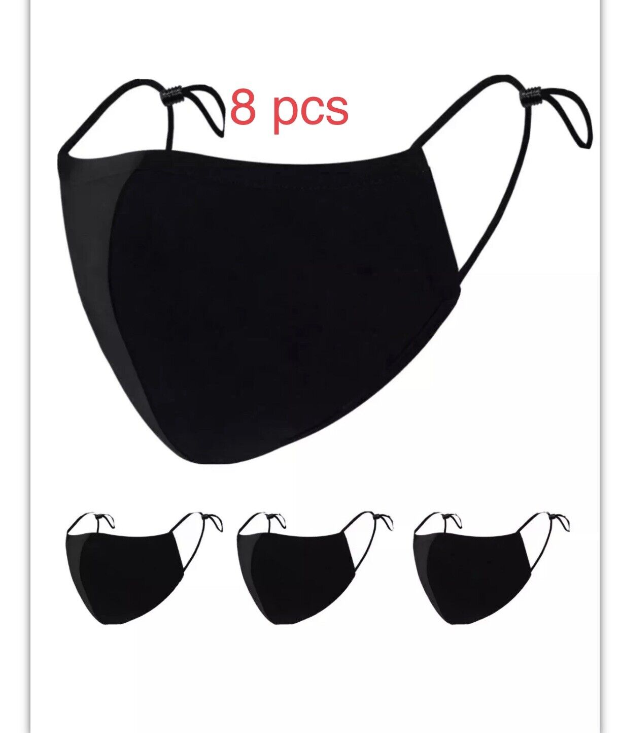 8 Face Masks Black Cotton Adult Mask Adjustable Elastic Loops Washable Reusable Unbranded