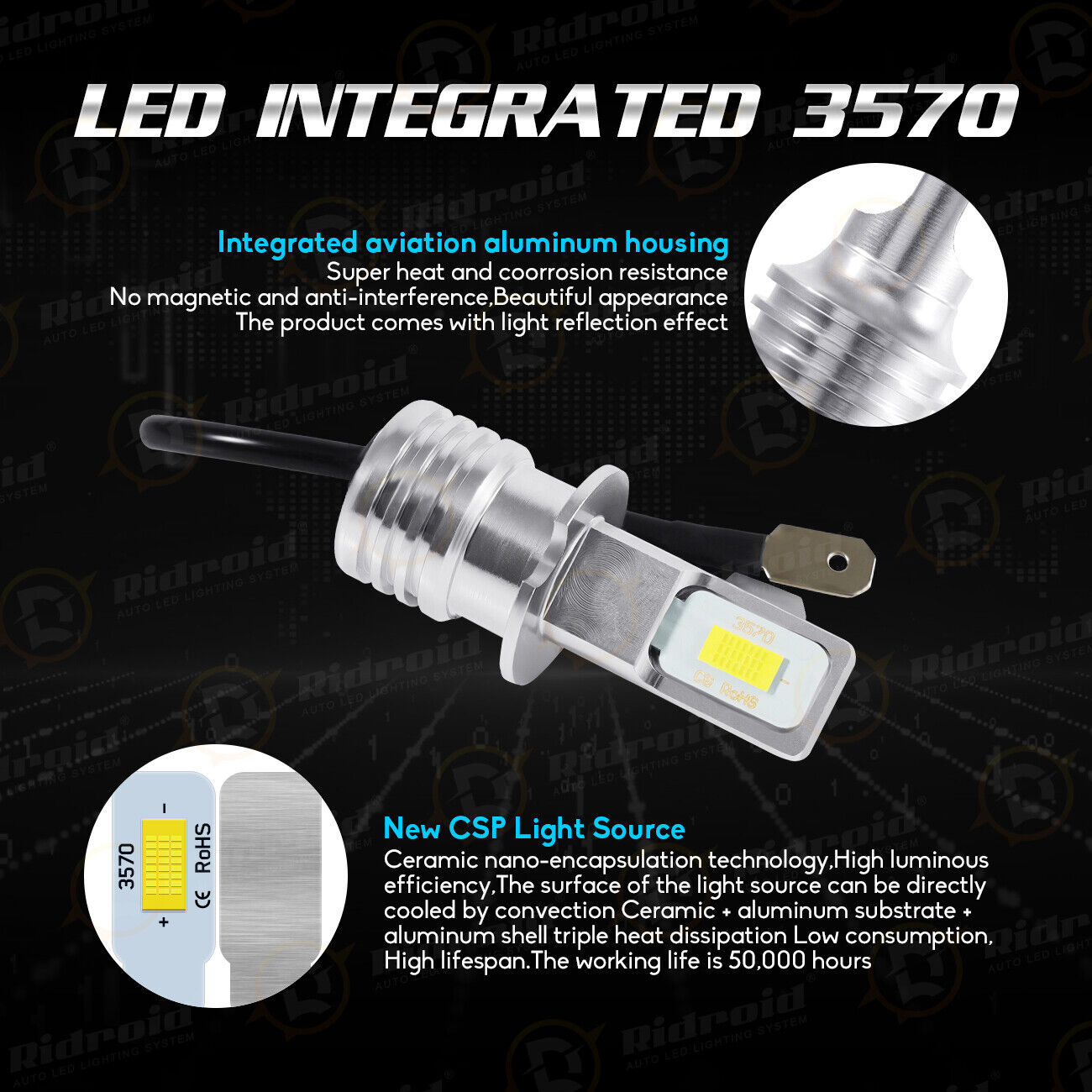 2pcs H3 LED Headlight 100W 10000LM FOG Light Bulbs 6000K White Driving DRL Lamp Ridroid rdddwd0h3 - фотография #5