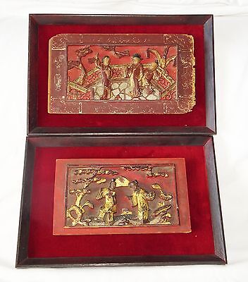 2x 19CT Chinese Framed Carved Red Panels of Scenes w. Figures in Gilt (Gem) Без бренда - фотография #4
