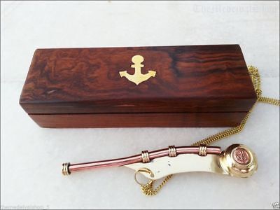 Brass Copper Boatswain Whistle w Wooden Box Bosun Call Pipe 5.5" Maritime Gift Без бренда