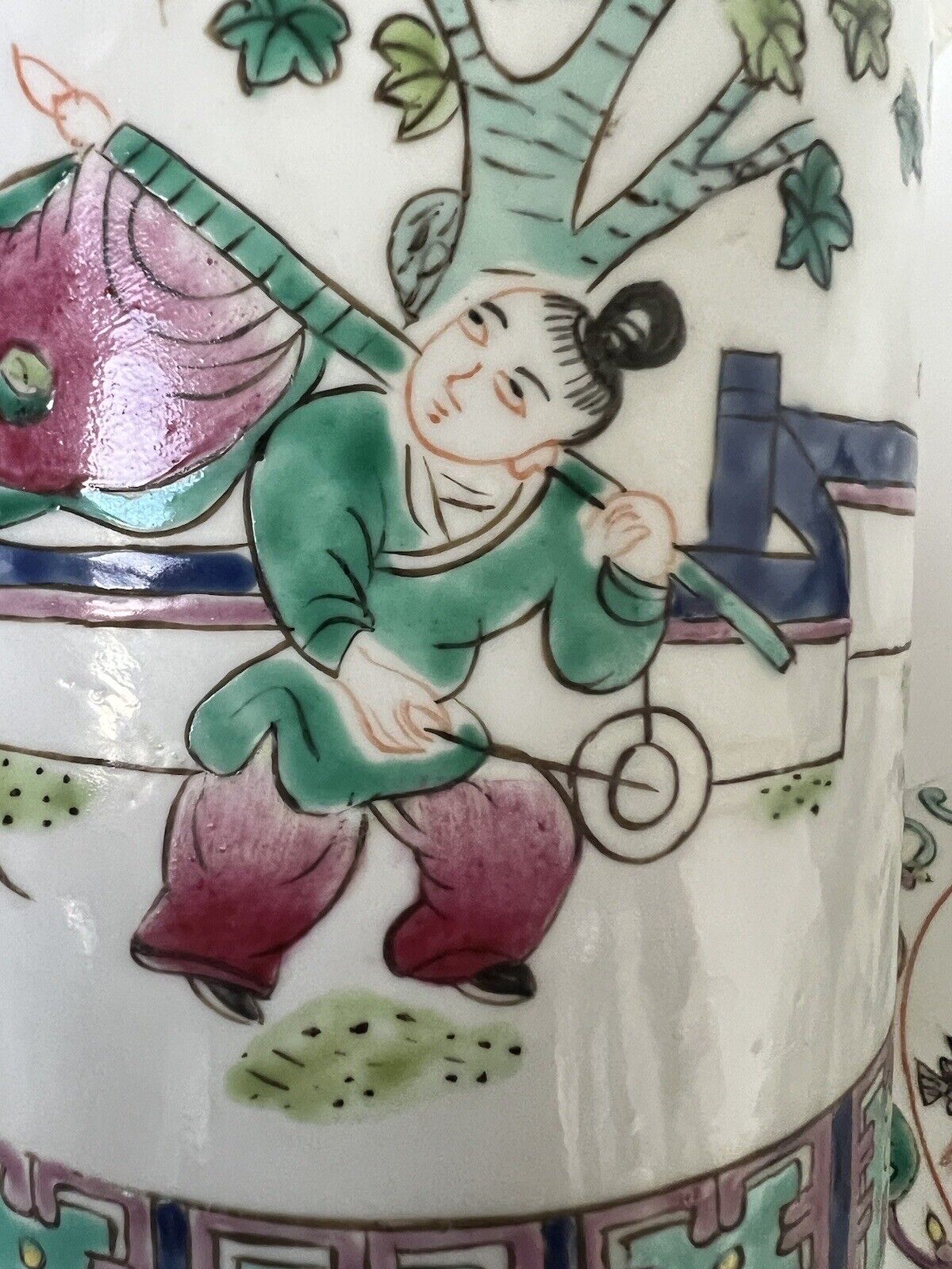 2 Antique Chinese Hand Paint Dragon Children Cylinder Hallmark Famille Jars 6" Без бренда - фотография #12