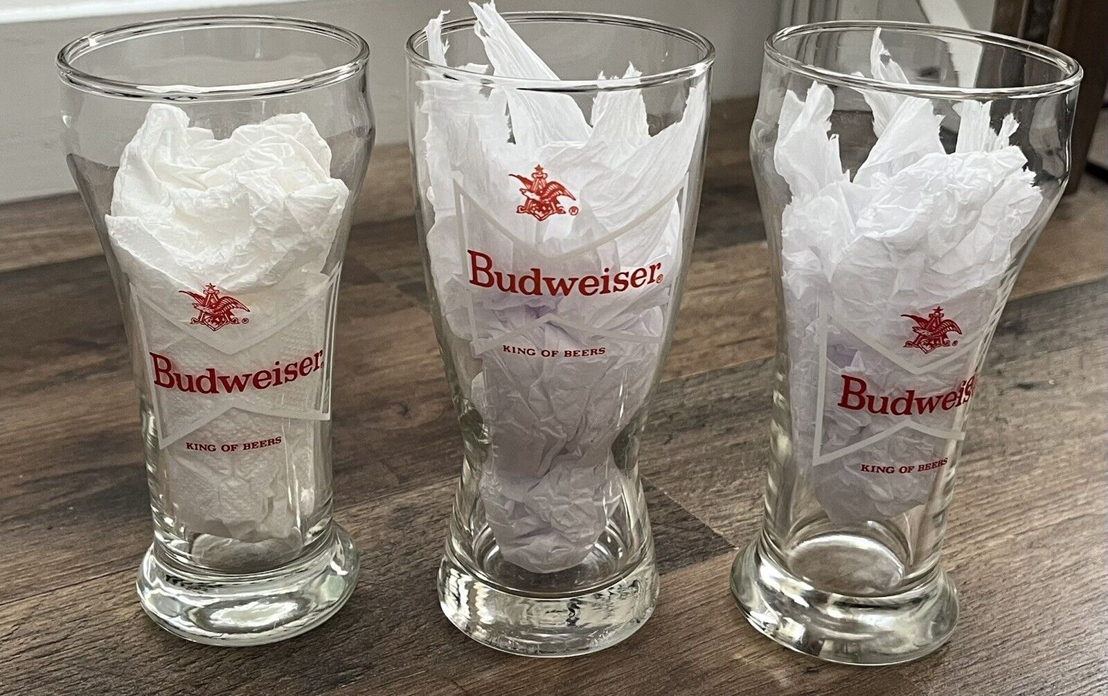 🎁 3 Vintage Budweiser Bowtie King Of Beers Glass Bar Glasses Collectible Budweiser - фотография #2