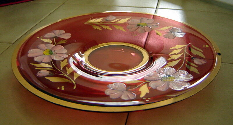 Vintage Set (4) EGERMANN Hand Painted Bohemian Red Art Glass Plates w/ 24K Gold Egermann - фотография #3