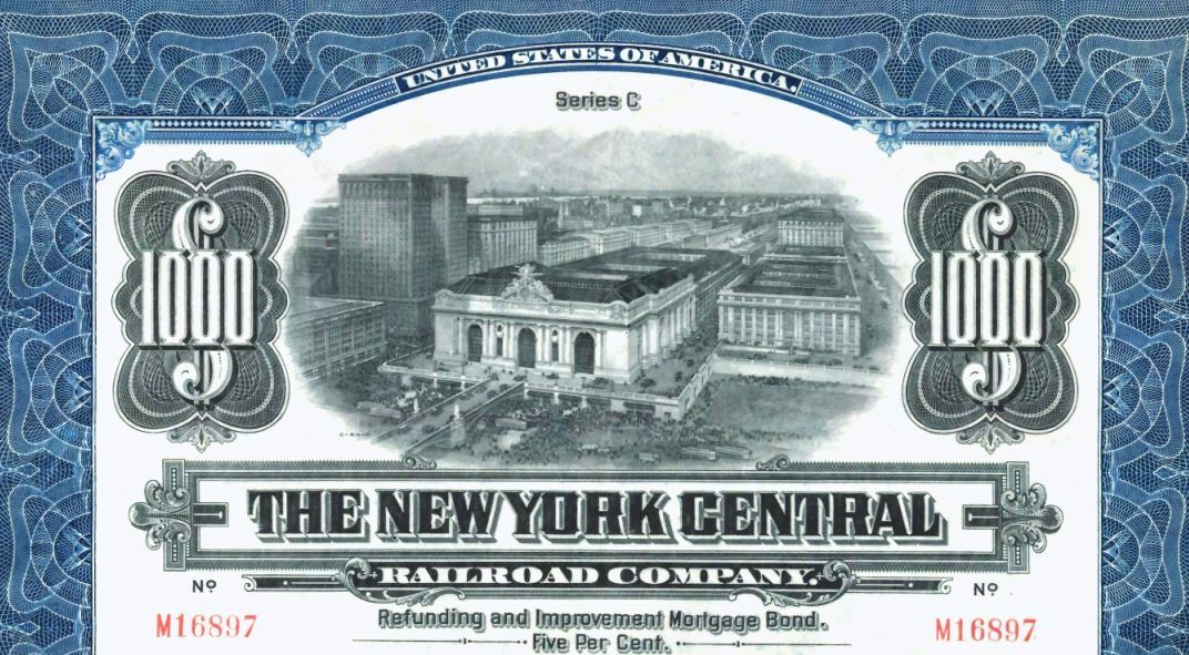 2 $1000 NY CENTRAL RR BONDS incl RARE 1913 GREEN! GRAND CENTRAL/FULL COUP SHEETS Без бренда - фотография #2