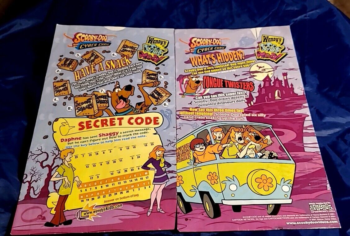 (2) 2001 Cartoon Networks Scooby Doo Cyber Chase Wendys Kids Meal Bag EvezBeadz Wendy's
