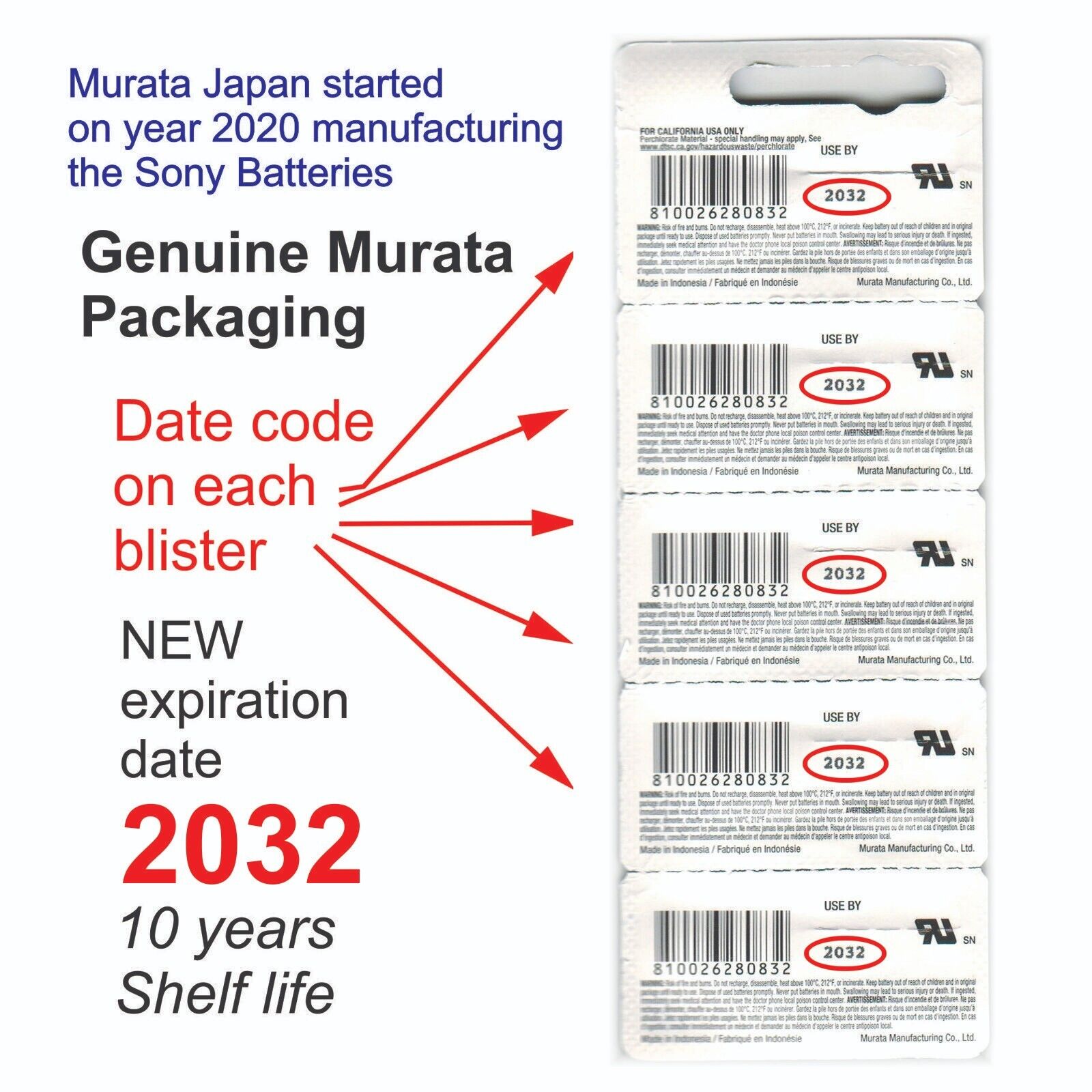 50 NEW MURATA / SONY CR2032 3V Lithium Battery FRESHLY NEW Expire 10 Years 2032 Murata CR2032 - фотография #2