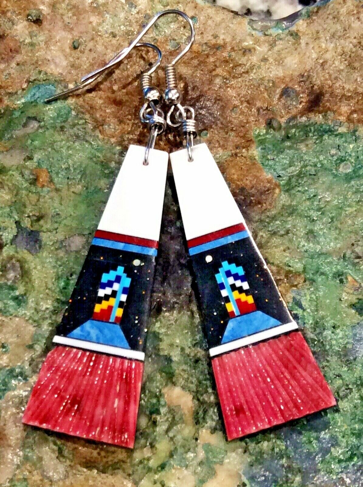 Native American Indian Jewelry Slab Stone Multiple Gemstone Inlay Earrings  Native American - фотография #3
