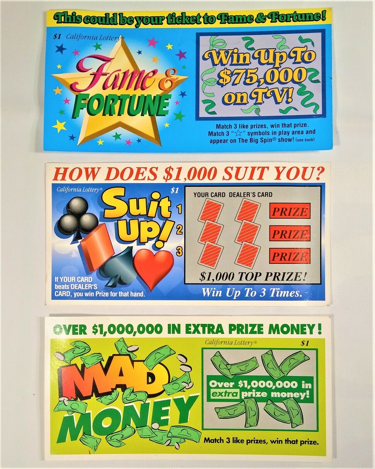 CA Lottery Scratchers Display Signs Suit Up Mad Money Fame & Fortune Vtg Без бренда