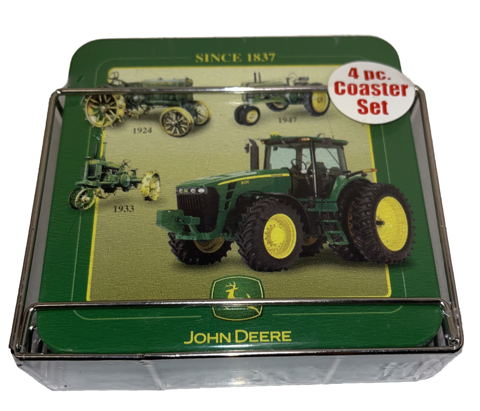 John Deere Coaster 4 pc Set Tin Box Company Farmer Gift Sealed Tractor JOHN DEERE