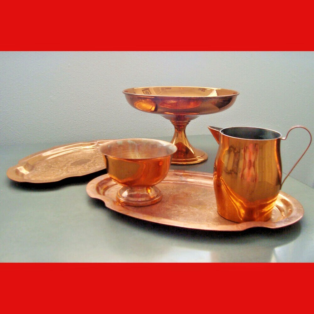 1960s 5 Piece Copper Lot RoseMar Creamer Sugar Bowl 2 Trays Footed Dessert Dish Без бренда - фотография #12
