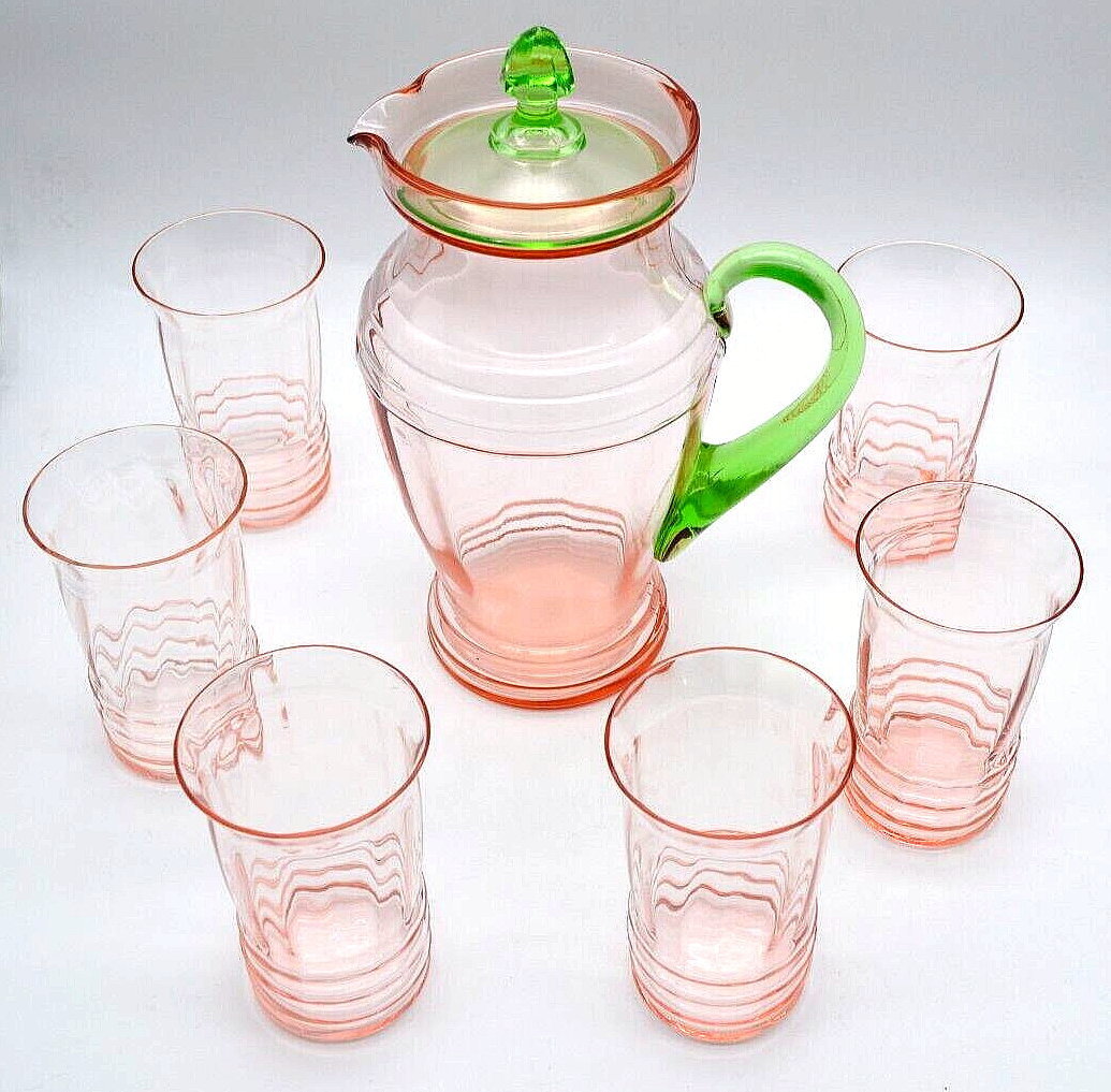 Louie Weston Tiffin WATERMELON Pitcher +6 glass Tumbler Set Ribbed Optic Uranium Weston, Louie, Tiffin, or West Virginia Specialty Glass Co Pitcher /Jug and Tumblers Set