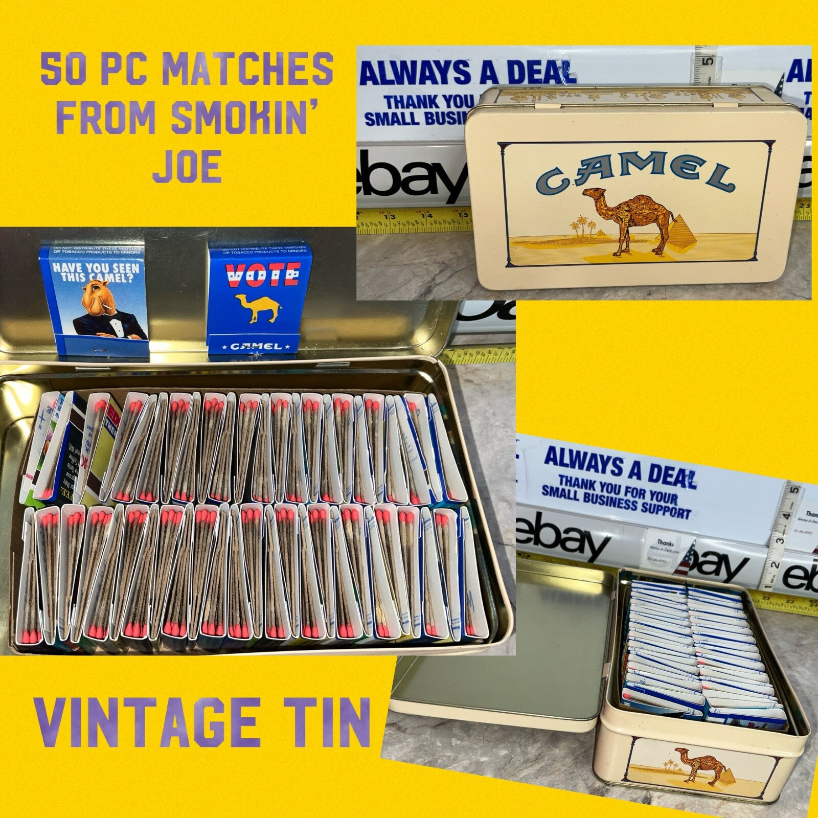 Vintage Camel 80’s Tin SMOKIN' JOE'S Rectangle Metal Tin CAMEL 50 Matches Beige Smokin' Joe's Racing