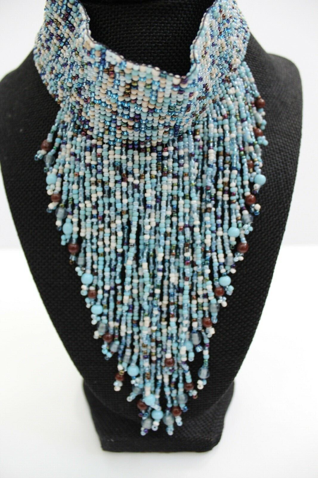 Handmade Beaded Boho Elastic Choker Waterfall Bib Tassel Necklace Light Blue Handmade - фотография #3