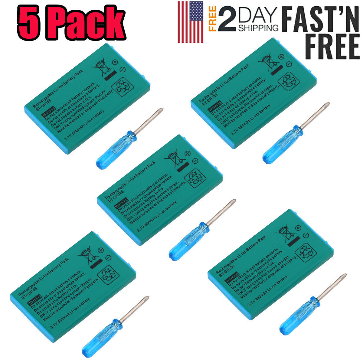 5 Pack Rechargeable Battery Pack For Nintendo Gameboy Advance SP 850mAh 3.7V USA Unbranded