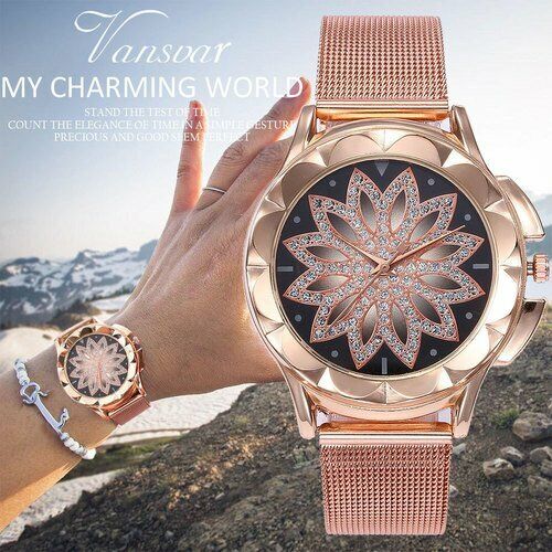 Fashion Women Rose Gold Flower Vansvar Rhinestone Wrist Watch Vansvar