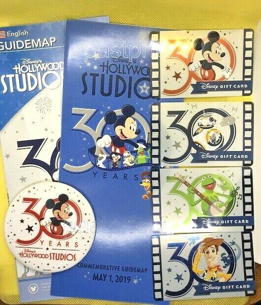Disney Hollywood Studios 30th Anniv Button + 4 Gift Cards +Day Of Map + 2020 Map Disney