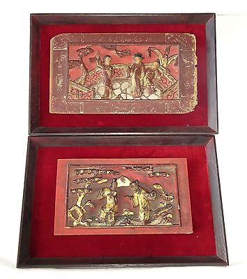2x 19CT Chinese Framed Carved Red Panels of Scenes w. Figures in Gilt (Gem) Без бренда - фотография #2