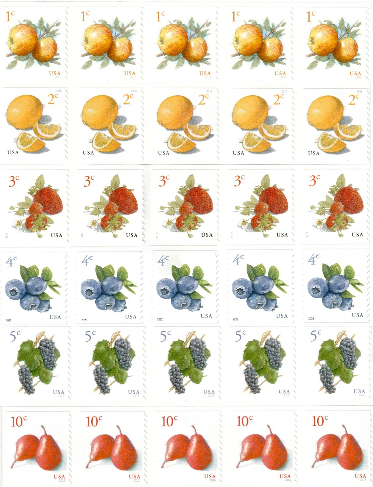 US Fruit Strips x6 Varieties 5 Stamps Each - #s 5037 5256 5201 5652 5038 5039 Без бренда
