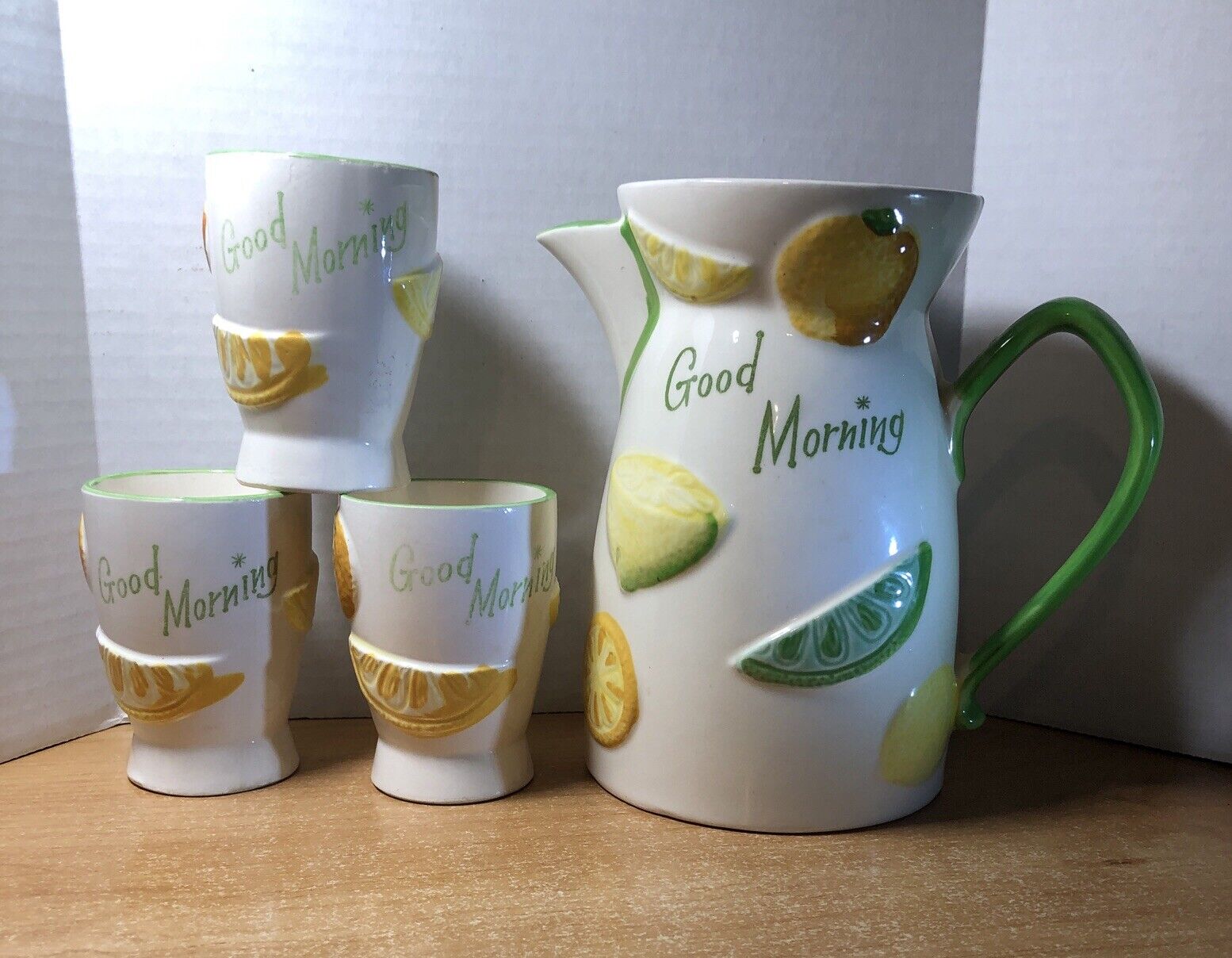 Vintage NAPCO Good Morning Juice Pitcher With 3 Ceramic Juice Cups Napco na