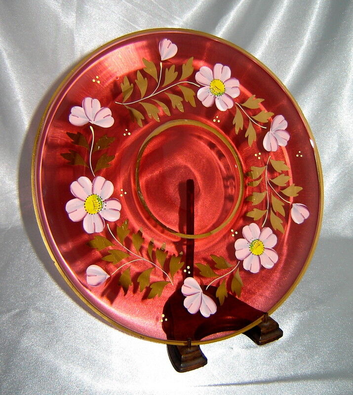 Vintage Set (4) EGERMANN Hand Painted Bohemian Red Art Glass Plates w/ 24K Gold Egermann