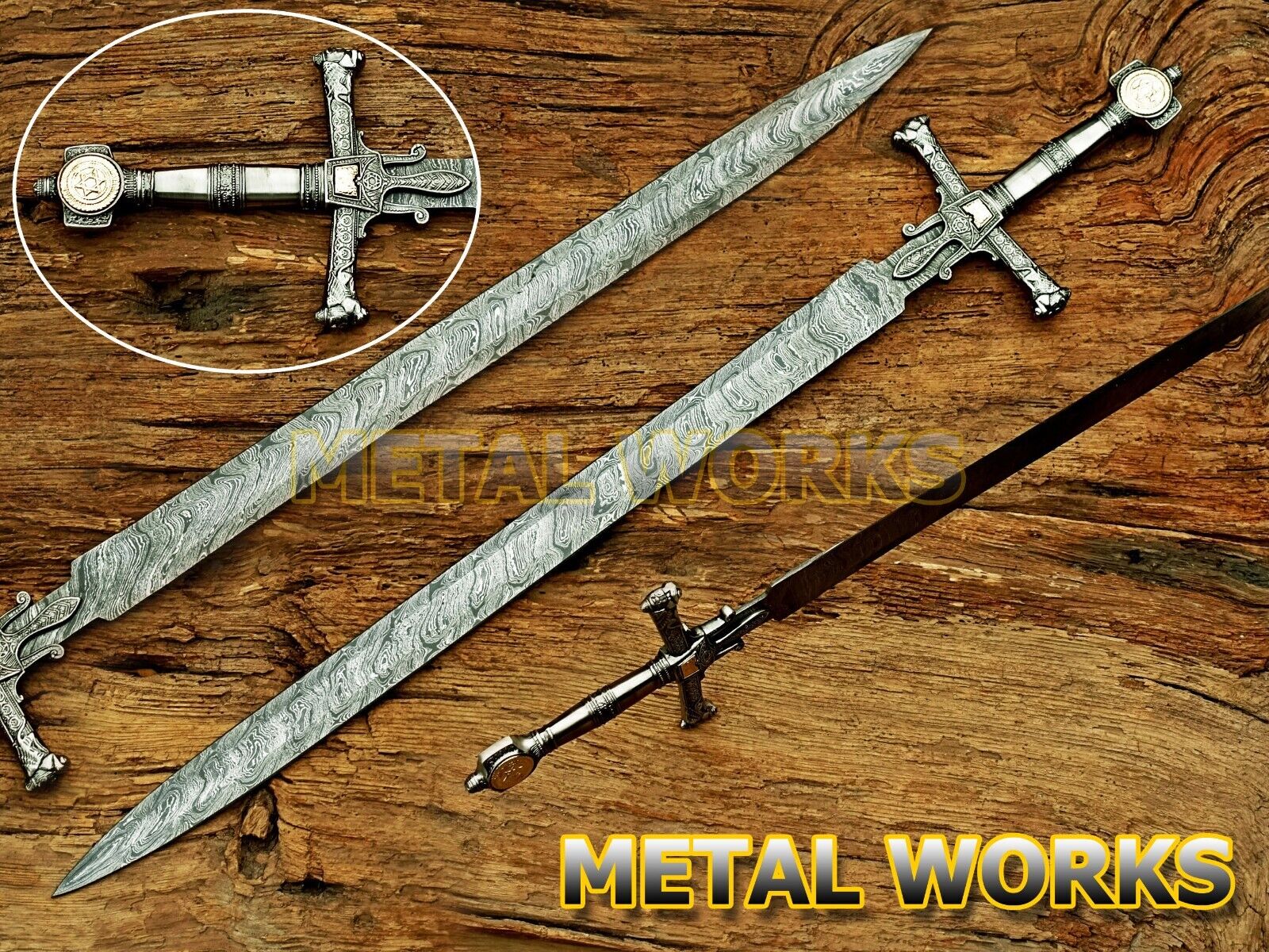 Damascus Steel King Solomon Crusader Sword w/LeatherSheath(Star of David Pommel) Без бренда
