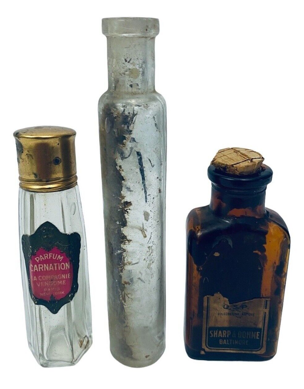 Lot of 3 Old Apothecary Medicine Parfum Bottles Baltimore Paris New York Dug Без бренда