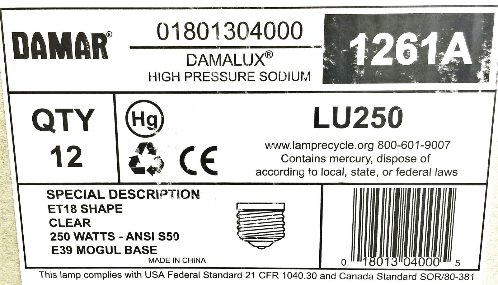 Damar/Damalux High Pressure Clear Sodium Bulb LU250 [Lot of 12] NOS Damar LU250 - фотография #5