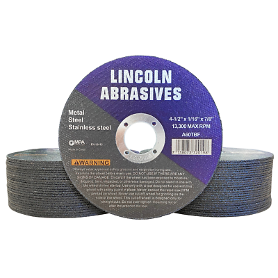 50 Pack 4-1/2" x 1/16" Cut-off Wheel 4.5 Cutting Discs Stainless Steel & Metal Lincoln A60TBF454050