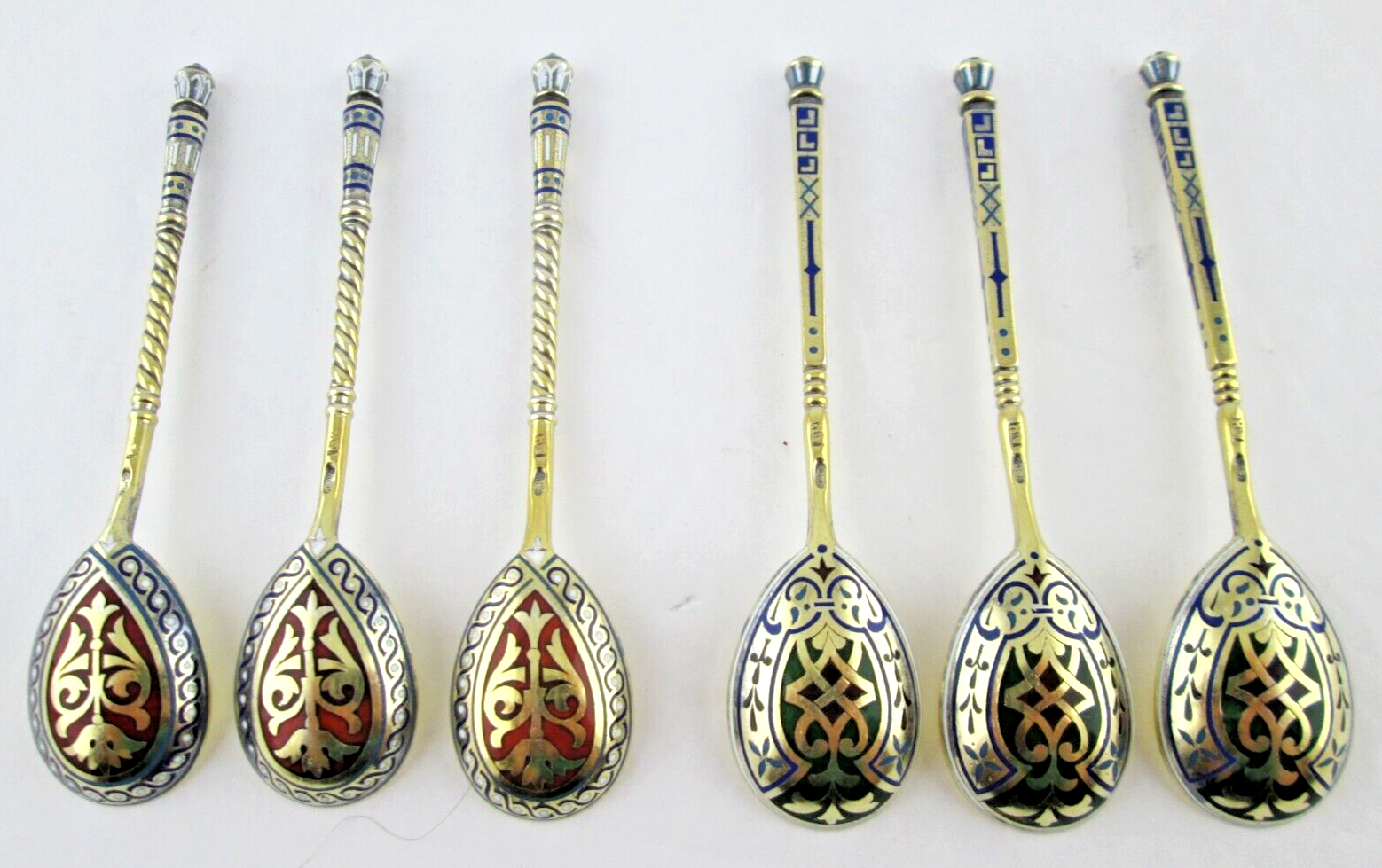 Antique RUSSIAN Silver 84 GILT CHAMPLEVE ENAMEL 6 Spoons Unknown