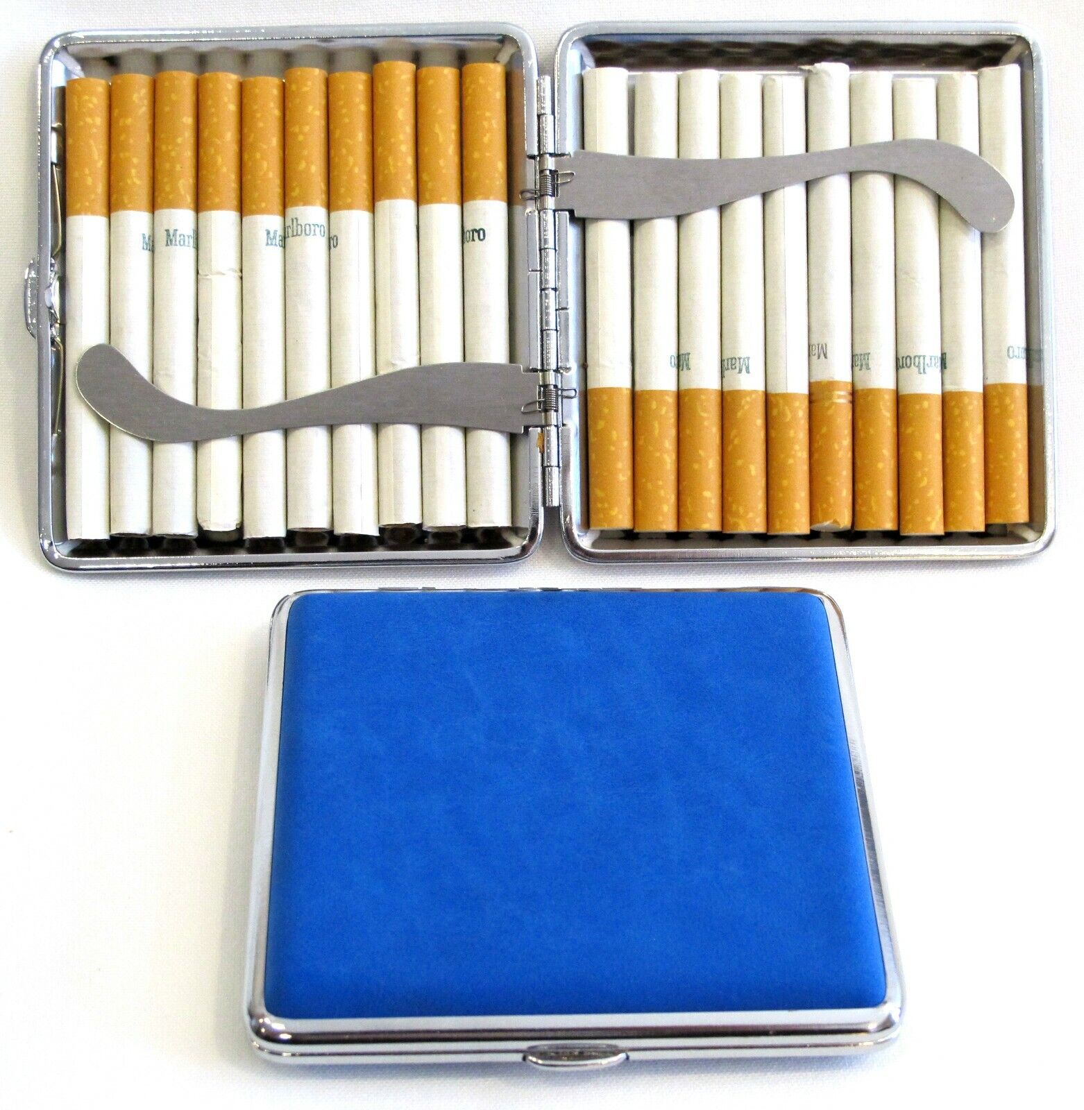 2pc Set Stainless Steel Cigarette Case Hold 20pc Regular Size 84s - BLUE + BLACK Без бренда