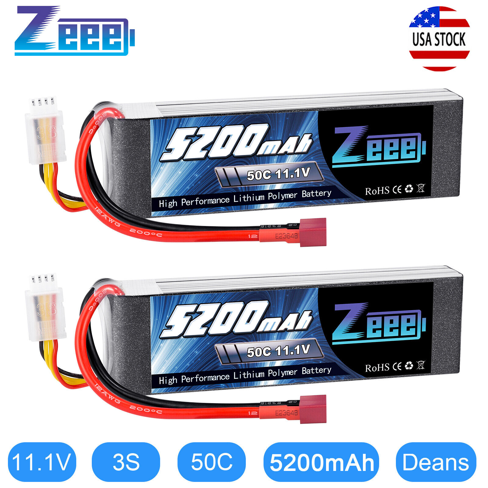 2PCS Zeee 11.1V 5200mAh 50C 3S LiPo Battery Deans for RC Car Helicopter Airplane ZEEE Does Not Apply