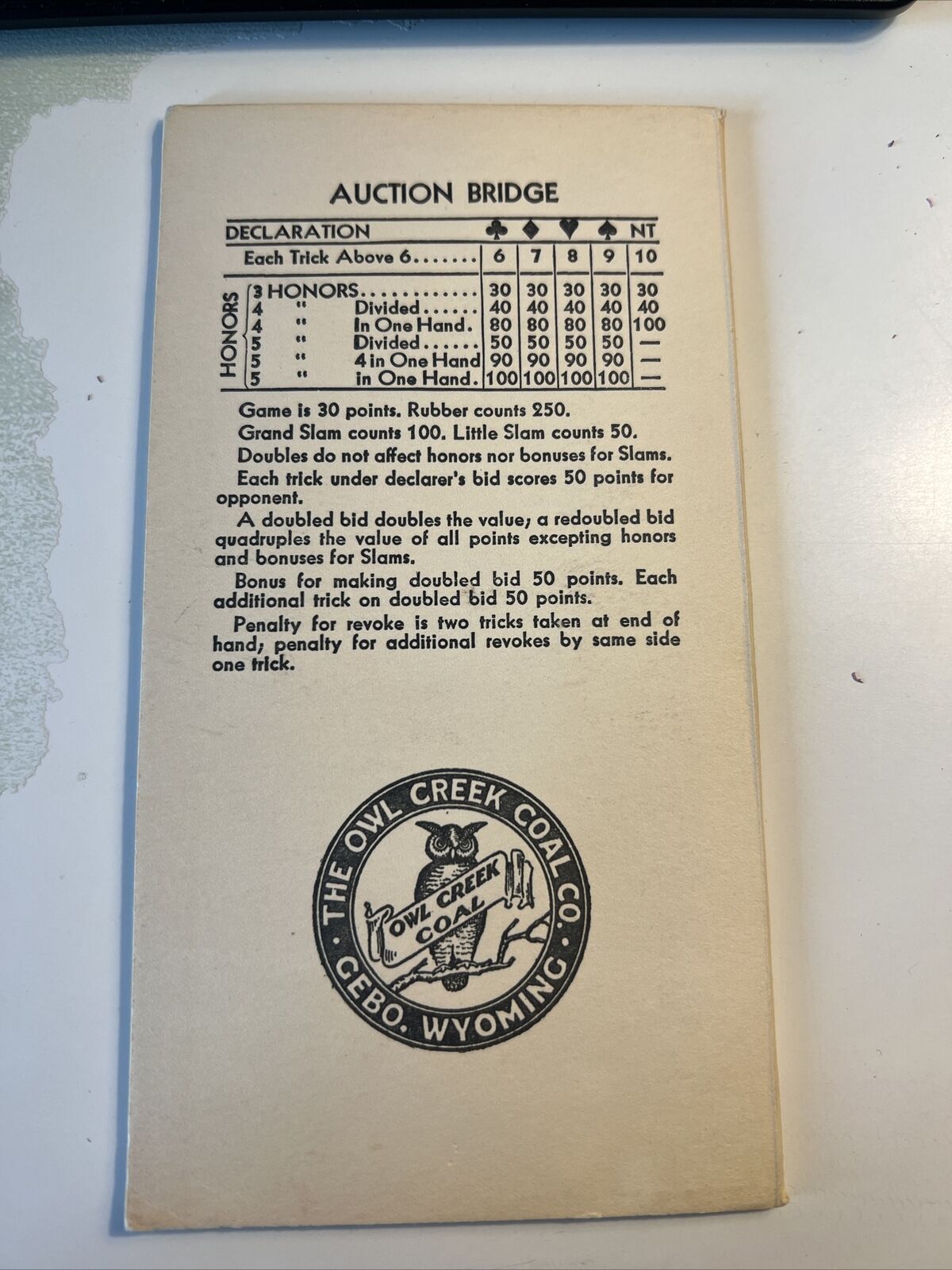 RARE NOS 1934 Owl Creek Coal Company Gebo, WY Bridge Score Sheet UNUSED  #FB Без бренда