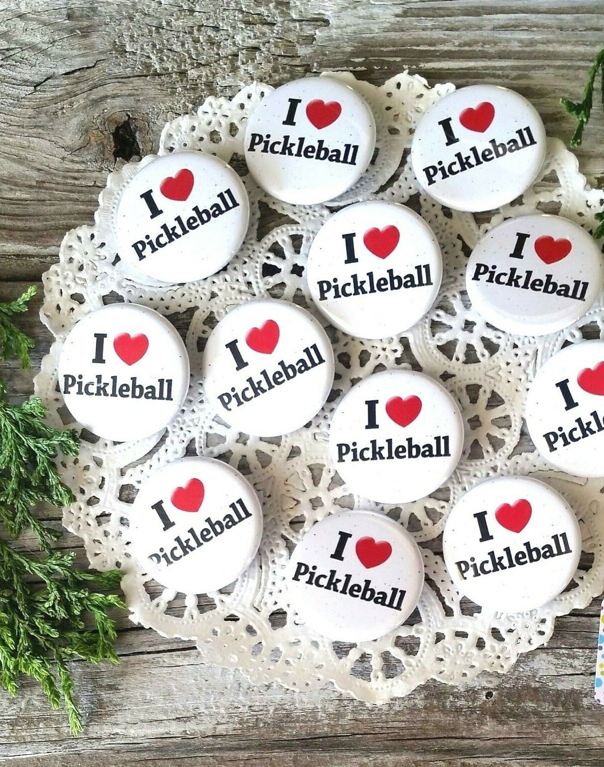 Pickle Ball Pins 1 1/4" PINBACK Buttons Party Favor USA Pickleball (10/set) Decorative Greetings Inc