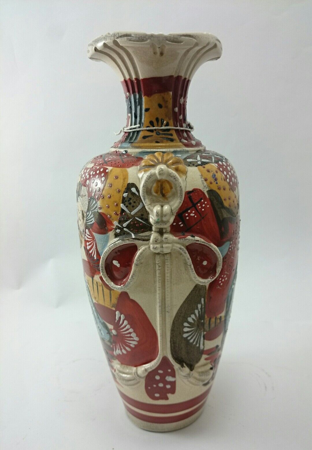 JAPANESE VASES Vintage Pair Ornate Asian Painted Craquelure Decor Pot ART  Без бренда - фотография #7