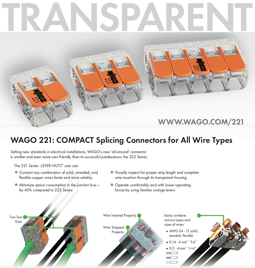 (15pcs) Wago Lever-Nuts 2,3,5 Conductor Terminal Block, Splicing Wire Connector Wago 221-413 - фотография #2