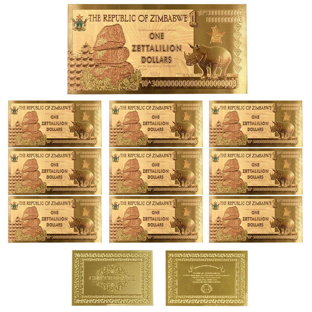 10per Zimbabwe One Zettalilion Dollars Gold Foil Paper Money Crafts Collection Без бренда