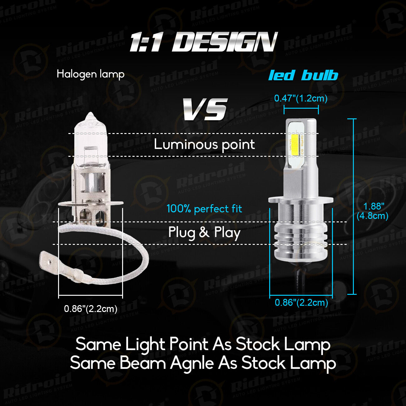 2pcs H3 LED Headlight 100W 10000LM FOG Light Bulbs 6000K White Driving DRL Lamp Ridroid rdddwd0h3 - фотография #4