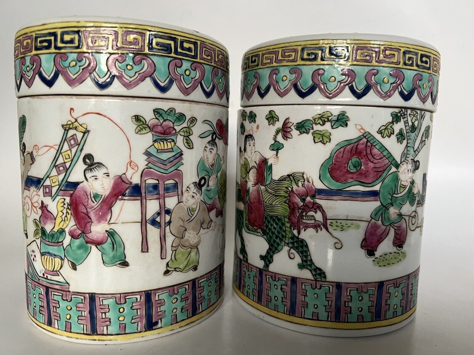 2 Antique Chinese Hand Paint Dragon Children Cylinder Hallmark Famille Jars 6" Без бренда - фотография #6
