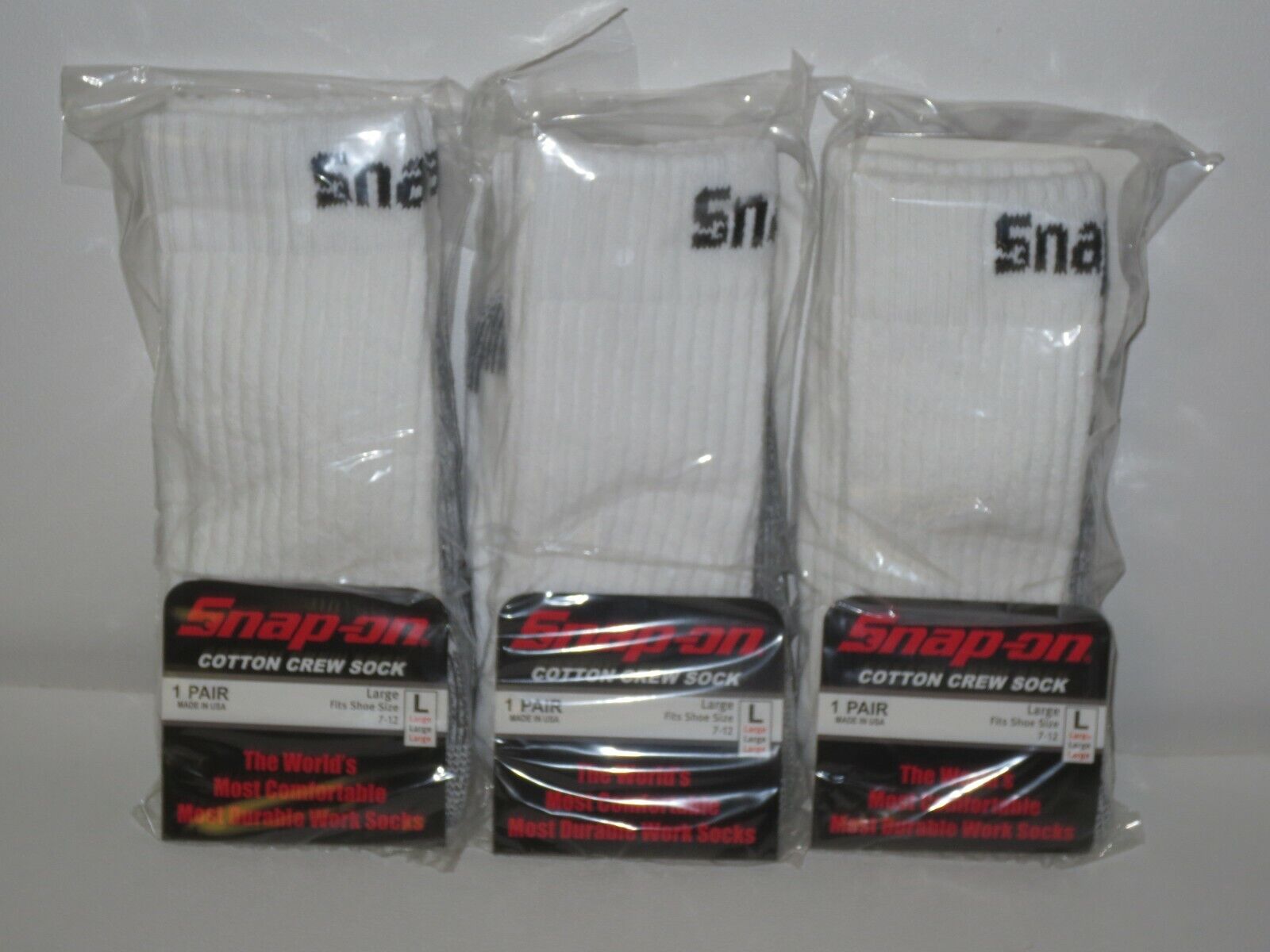 3 PAIRS Snap-On CREW Socks Men's WHITE LARGE ~ FREE SHIPPING ~ MADE IN USA *NEW* Snap-on