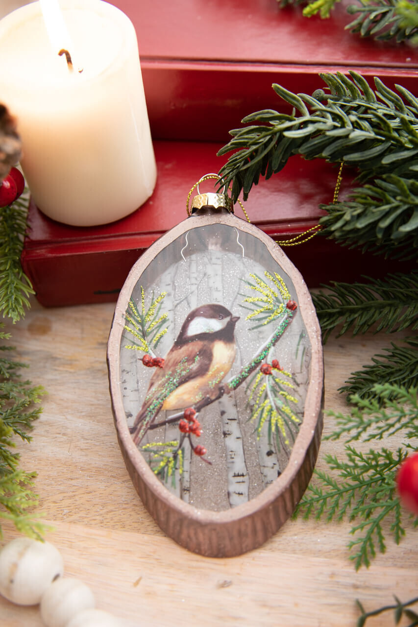 5.5” Woodland Bird Glass Disc Ornament decoratorswarehouse Does not apply