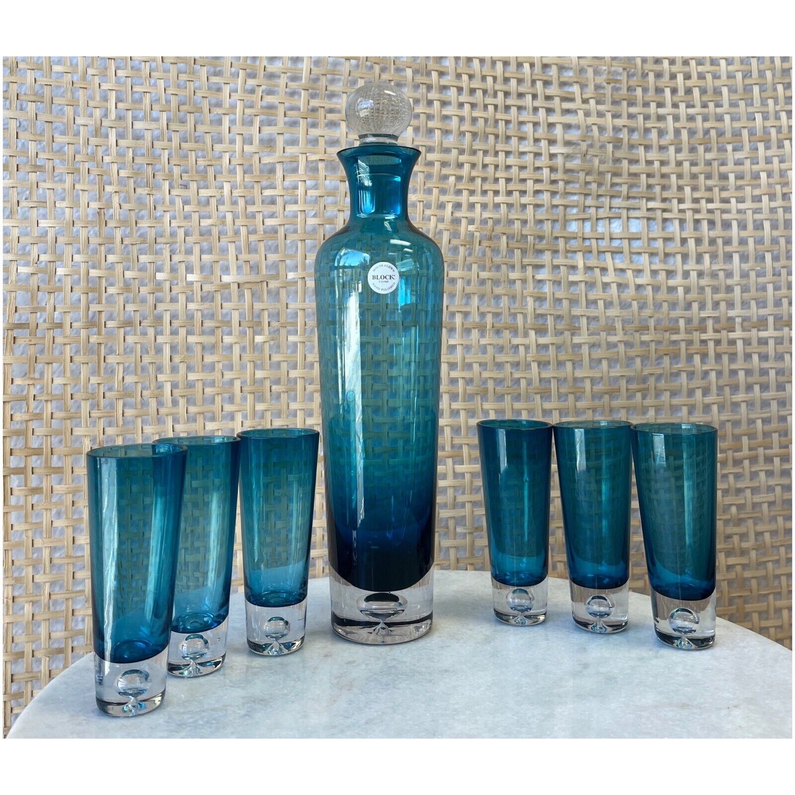 Brand New Vintage Mouth Blown BLOCK Crystal Hand Polished Blue Decanter 8PC Block