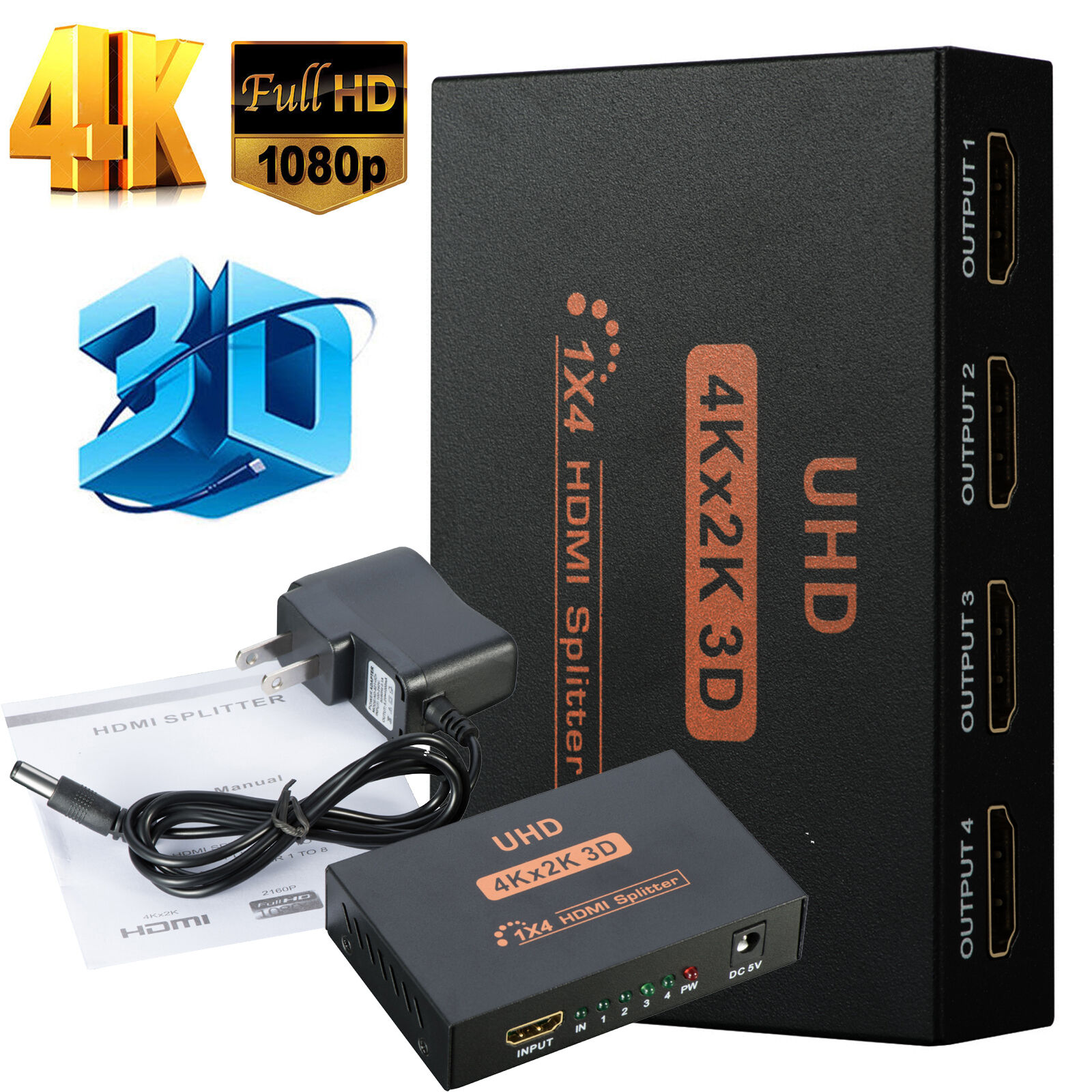Ultra HD 4K 4 Port HDMI Splitter 1x4 Repeater Amplifier 1080P 3D Hub 1 In 4 Out Unbranded NOT SPECIFIED