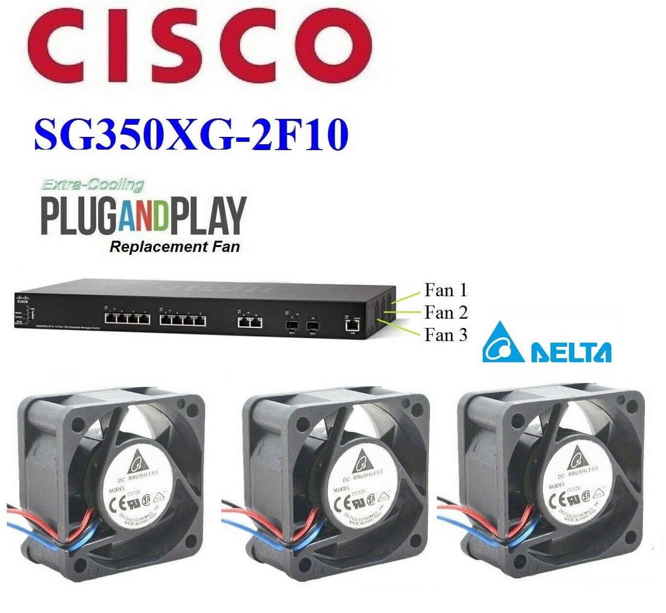 Set of 3x new Delta replacement fans for Cisco SG350XG-2F10 Cisco SG350XG-2F10