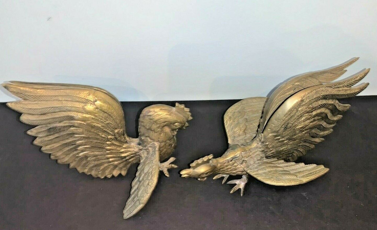 Vintage BRASS Fighting Roosters Cocks PAIR -Patina Без бренда - фотография #11